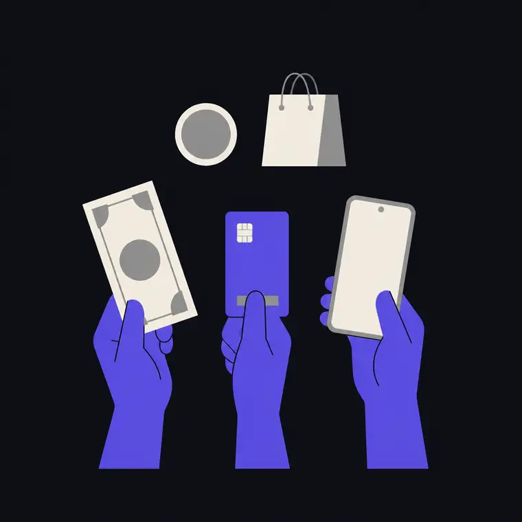 Drei Haende mit Banknote, Karte und Telefon